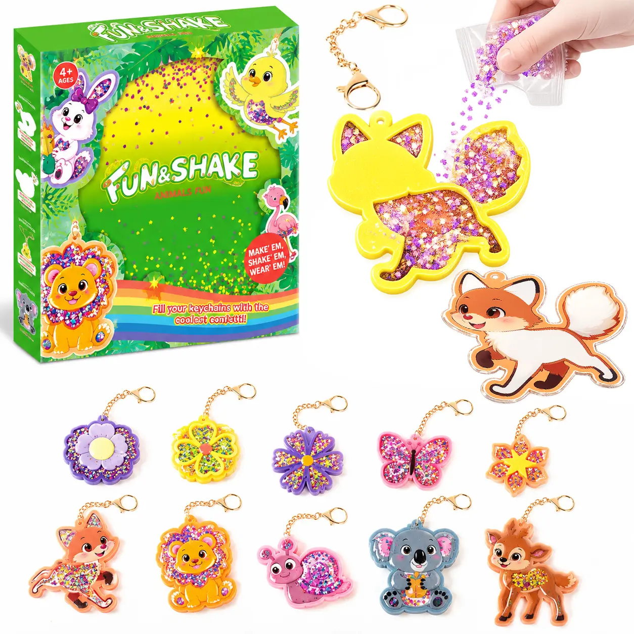 Kids' DIY Animal Shape Shake Keychain Craft Kit - 10Pcs Glitter Shaker Keychains with Confetti, Cute Charms, Jewelry Making Supplies for Hands-On Fun, Gift for Ages 4+