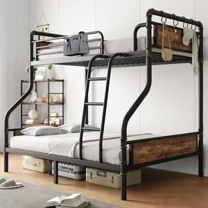 Jocoevol Bunk Bed Twin Over Full, Heavy Duty Metal Bunkbeds with Ladder and Full-Length Guardrail, Convertible into 2 Individual Beds for Kids, Teens and Adults, Under-Bed Storage Space, Vintage Brown