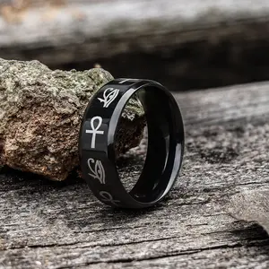 GTHIC Black Eye of Ra Ankh Egyptian Symbols Stainless Steel Band Ring for Men Women Daily Wear Birthday Gifts