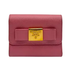 Pre-owned PRADA SAFIANO LEATHER Small Leather Goods PINK SAFFINANO SHORT WITH GOLD BUCKLE WALLET