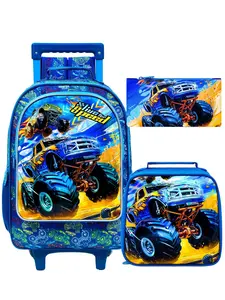3PCS Truck Rolling Backpack Set for Kids - Vibrant Off-Road Truck Design Wheeled Backpack with Insulated Lunch Box & Pencil Case - Ideal for Boys Elementary School & Travel