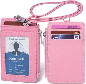 ID Badge Holder with  Lanyard PU Leather ID Badge Wallet Case with 1 ID Window, 4 Card Slots, 1 Side Zipper Pocket ()