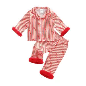 Babamoon Kids Baby Girls Christmas Pajamas Set Feather Cuffs Stripe Button up Long Sleeves Shirt and Pants for Loungewear Girls XMAS Sleepwear