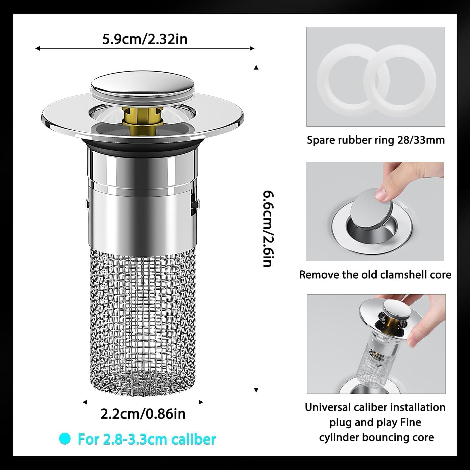 Stainless steel bathroom sink filter screen, bathroom sink stopper, 1/2 inch anti-odor sink rebound core, detachable drain plug, household items, easy-installation rebound-type bathroom drain plug with filter device and odor isolation device