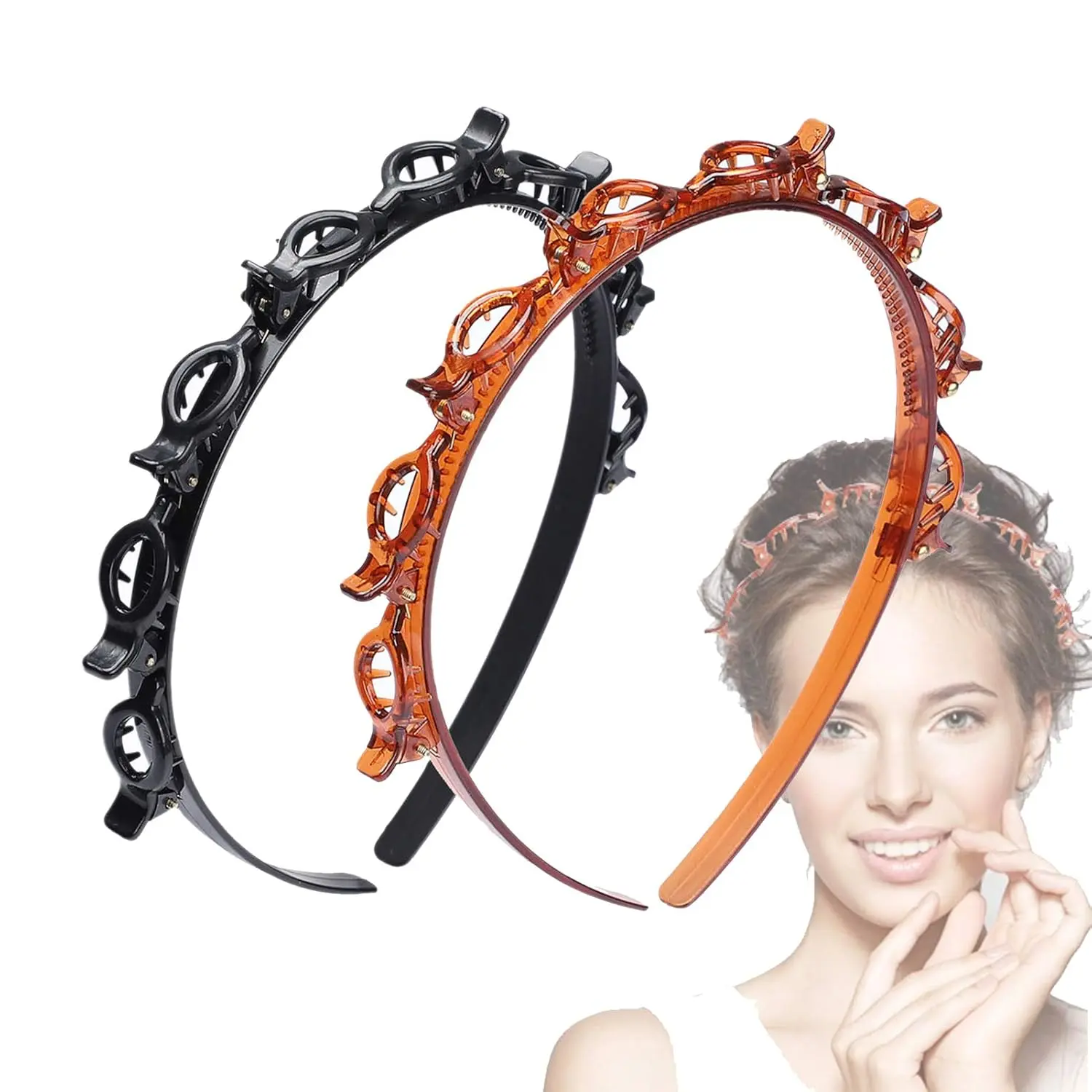 Women’s 2-Pack Alternative Braiding Alligator Clip Headbands - Lightweight Woven ABS Resin, Woven Teeth, Convex Toothed Edge, Clip-On Hairpins, Black & Brown for Braids Hairstyles