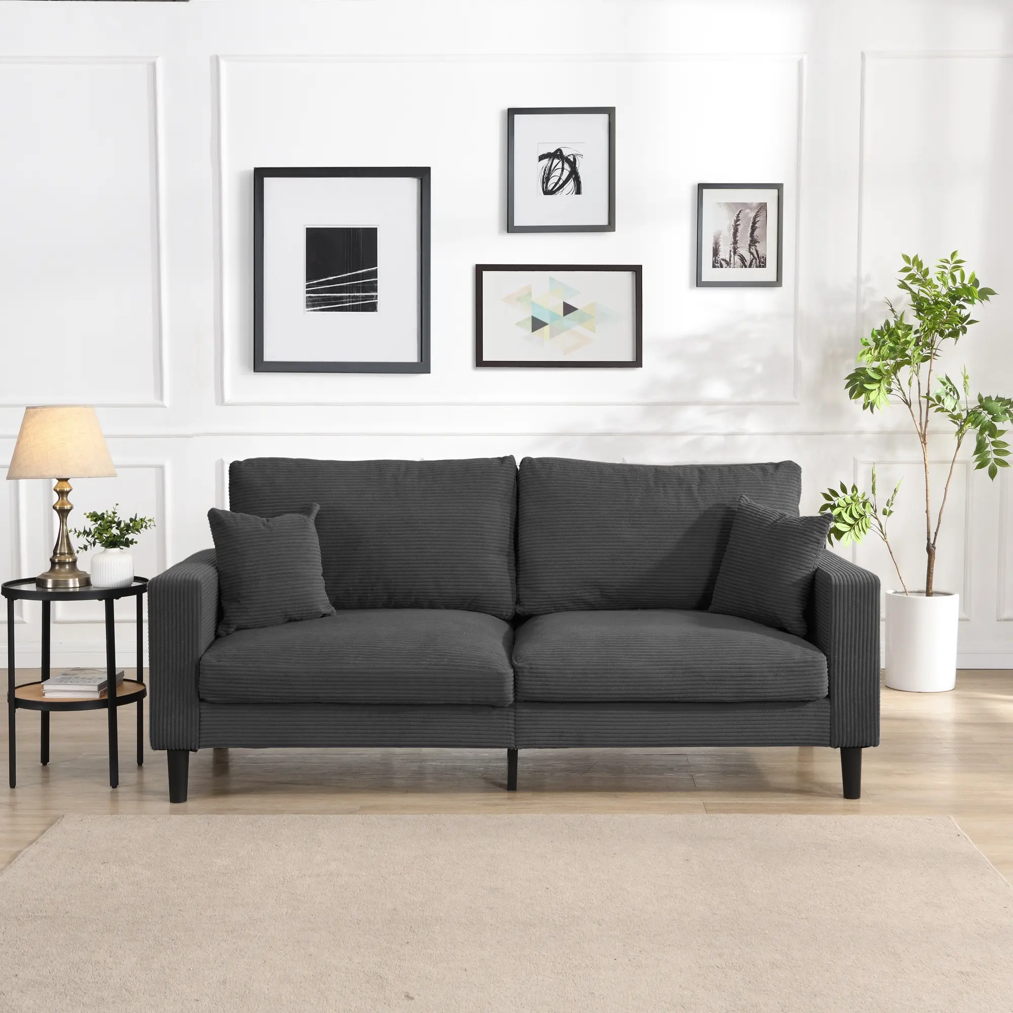Loveseat Sofa Couch for Living Room, 74" Comfy Small Couch with Deep Seat, Mid Century Modern Love Seat Couches, Corduroy Upholstered 3-Seater Small Sofa for Bedroom, Small Spaces, Dark Grey