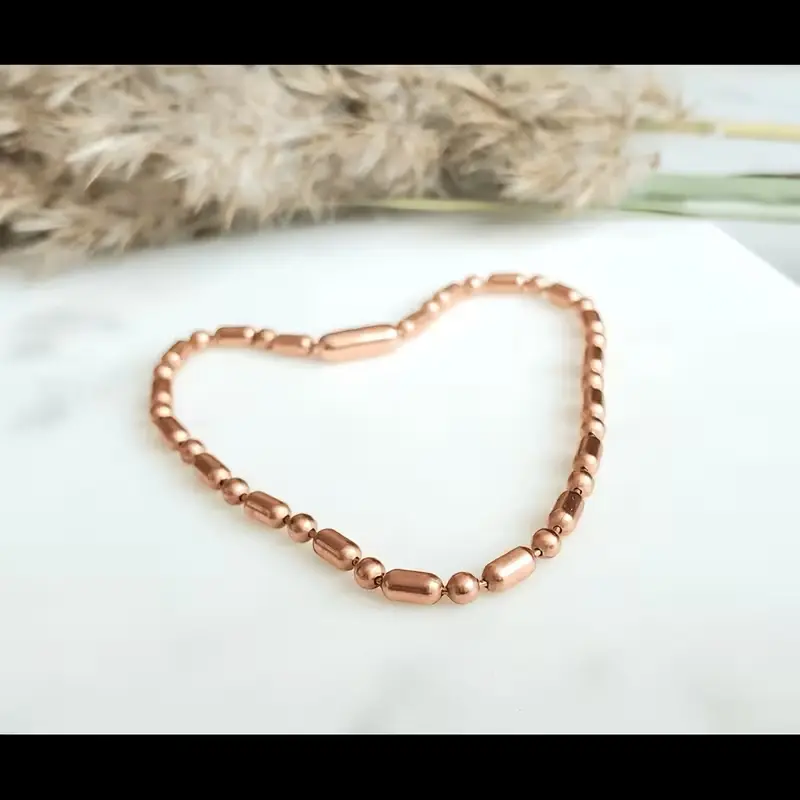 Pure Copper Beaded Chain Anklet for Women, Rose Golden Minimalist Ball & Barrel Bead Anklet, Adjustable Waterproof Everyday Beach Summer Jewelry