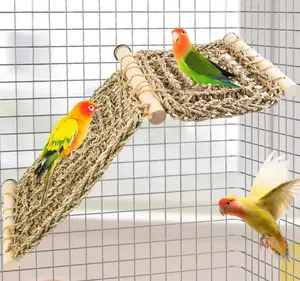Bird Perch Platform with Climbing Ladder, Parrot Chewable Natural Seagrass Woven Hammock, Parakeet Cage Accessories Playing Gyms Exercise Sturdy for Cockatiels, Lovebirds, Budgies