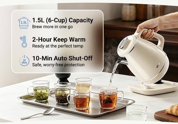 Bear Electric Kettle, 1.5L 304 Stainless Steel Water Boiler, 1500W Fast Boiling Tea Kettle with Double Wall Cool Touch, Auto Shut-Off & Boil-Dry Protection, BPA-Free, Cream