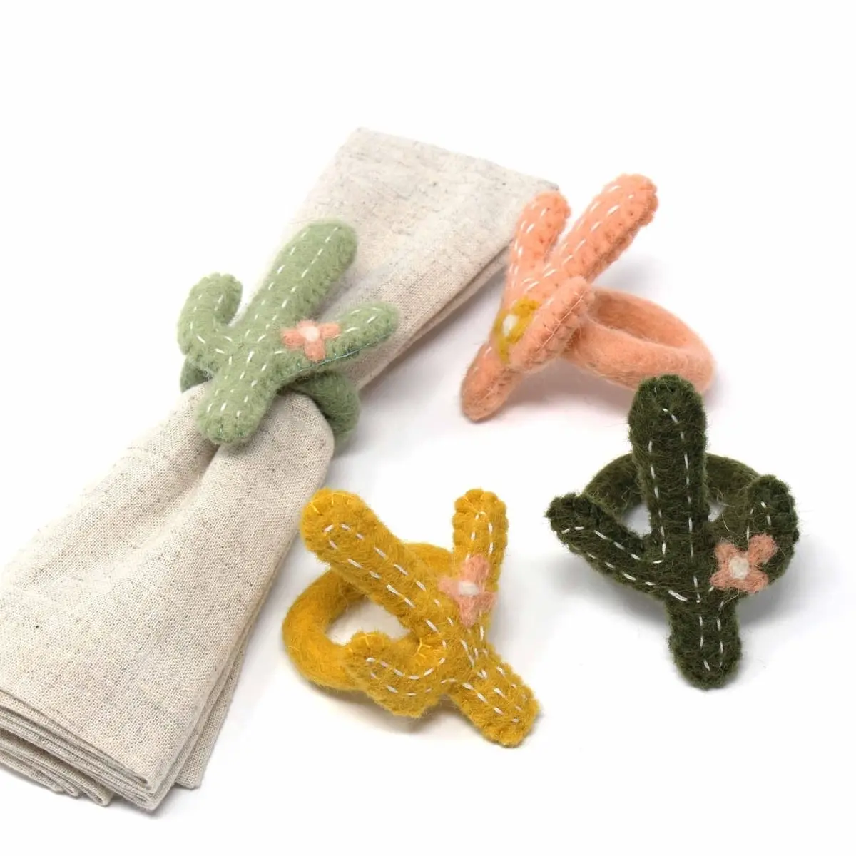 Global Groove GLG70018-0X-K4-A Hand-Felted Cactus Napkin Rings, Assorted Color - Set of 4