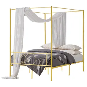 fathersdaygift VEVOR Full Size Canopy Bed Frame, Metal Canopy Bed with Minimalist Headboard Four Posters Design, Heavy Duty Steel Slats Support, Underbed Storage Space, No Box Spring Needed, Easy Assembly, Gold