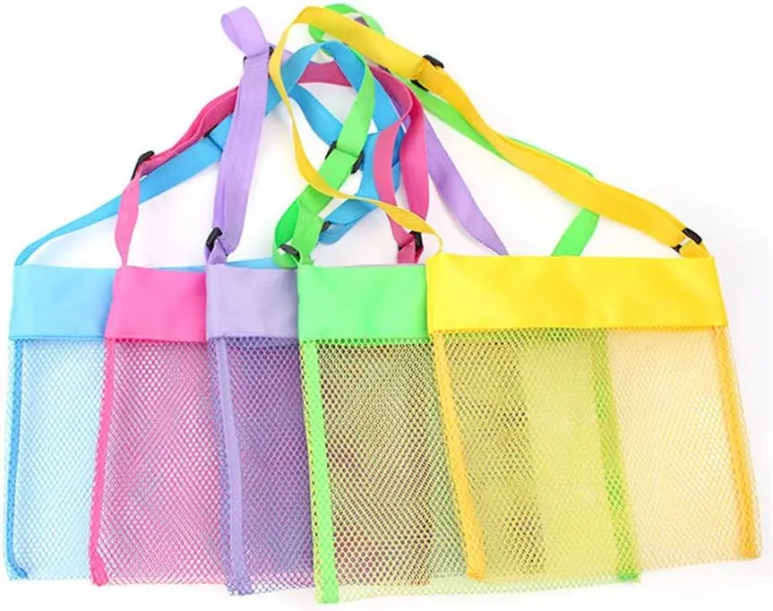 5-PCS Colorful Mesh Beach Bags Sand Away Portable Foldable Sea Shell Bag with Adjustable Carrying Straps/Toy Storage Bag [Yellow, Rose, Purple, Green, Blue] Set of 5 Beach Bags