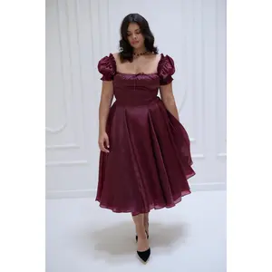 The Silk Satin Bordeaux Garden Party Dress