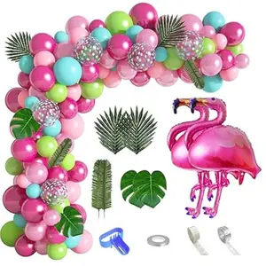 Tropical Flamingo Balloons Garland Arch Kit,  Hot Pink Green Confetti Balloons Palm Leaves for Flamingo Birthday Party Baby Shower Wedding Decor Colorful Thick