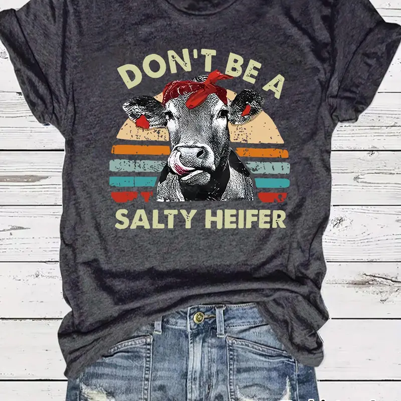 Women's Cow & Letter Print Round Neck Tee, Casual Fitted Short Sleeve Crew Neck T-shirt for Spring, Casual Trendy Tee, Fashion Women's Top for Daily Wear Everyday, Womenswear T Shirts for Women, Streetwear, Casual Style Tee