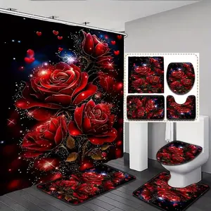 1/4pcs Black shower curtain set with red rose pattern, including shower curtain, toilet seat cover, rectangular mat, and U-shaped mat. Perfect for bathroom décor, beautifying the space. Comes with 12 shower curtain hooks. Shower Essentials