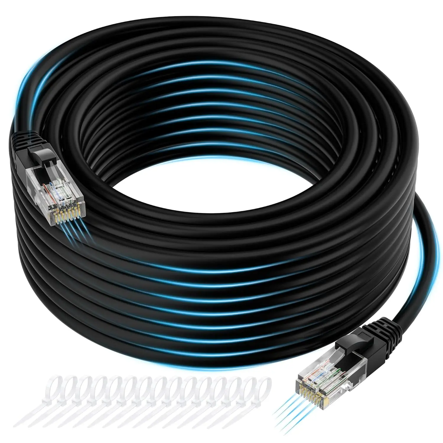 Cat 6 Ethernet Cable 25 FT Copper Wire, High-Speed LAN/PoE Black Snagless Patch Cord, Flexible RJ45 Connector for PC Users, Router, Modem - with 15 Ties