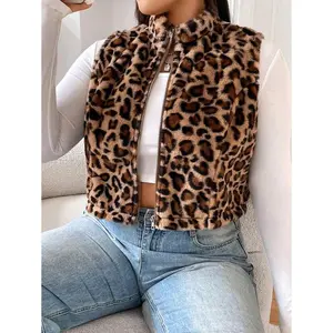 Plus Size Women's Simple Everyday Sleeveless Leopard Print Vest Jacket, Winter Fall Autumn Fabric Fit