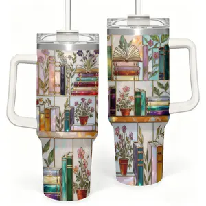 Stained-Glass Book Design 40oz Tumbler, Floral Bookshelf Tumbler, Book Lover Gift, Bookish Cup, Library Cup, Tea Cup, Coffee Mug, Gift for Friends, Kitchen Drinkware, Dealsforyou, Summerwins