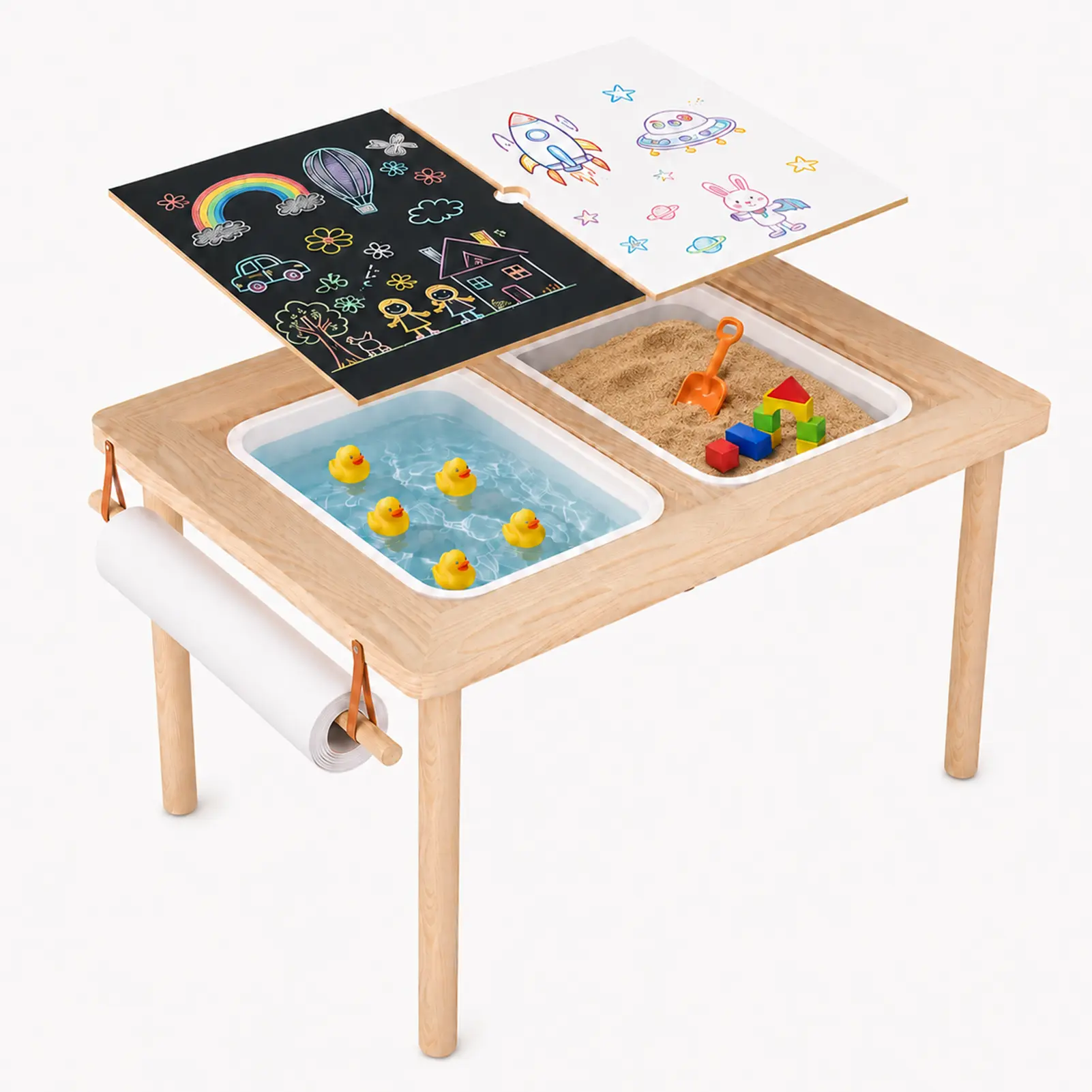 Wooden Kids Sensory Activity Table - Multi-Play Toddler Table with 2 Removable Bins, Double-Sided Chalkboard-Whiteboard Lid, Paper Roll Holder for Sand Water Play, Drawing, Indoor Playroom Home Use