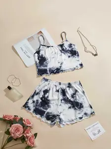 Lazy Style Tie-Dye Home Wear Set, Backless Halter Top + Loose Shorts, Casual Sleepwear, Can Be Worn Outdoors, Comfortable Lounge Clothes