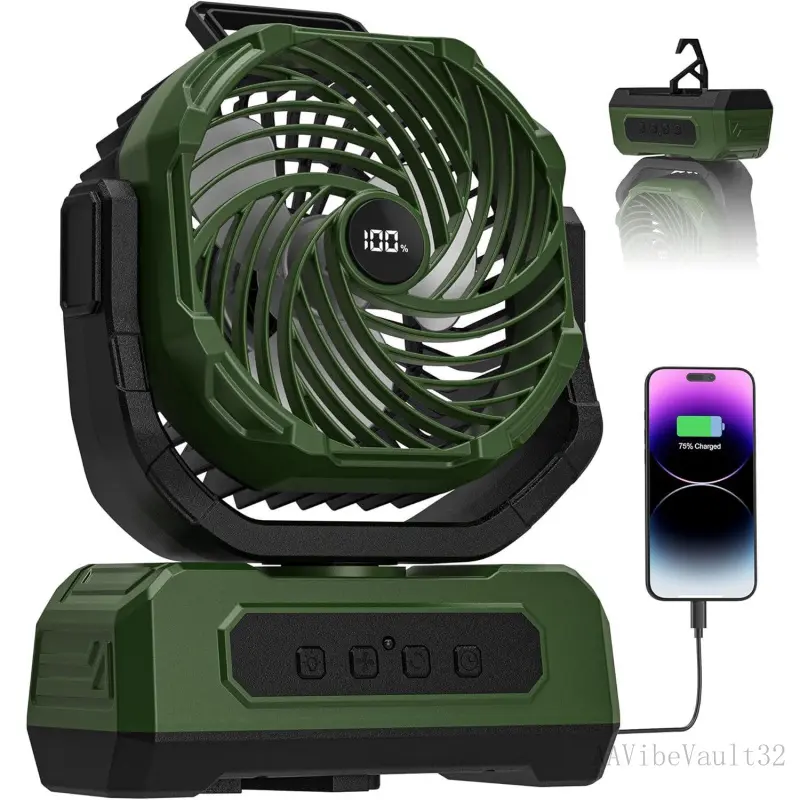 AAVibeVault32 Green Rechargeable Camping Fan - 20000mAh Cordless Batteries, Oscillating Desk Fan with RGB Light, Remote Control, 4 Timer, Hanging Hook, Portable Charger for Fishing, Camping, Outdoor Use