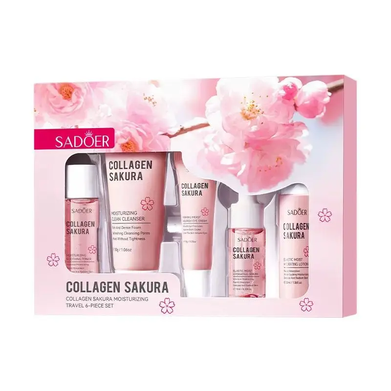 Collagen Sakura & Centella Travel Face Care Kit - 6-Piece Beauty Bundle Kit with Creams & Serums, Daily Routine Set for Deep Moisturizing, Soothing & Glowing Skin, Complete Care & Moisturizing Repairing Set