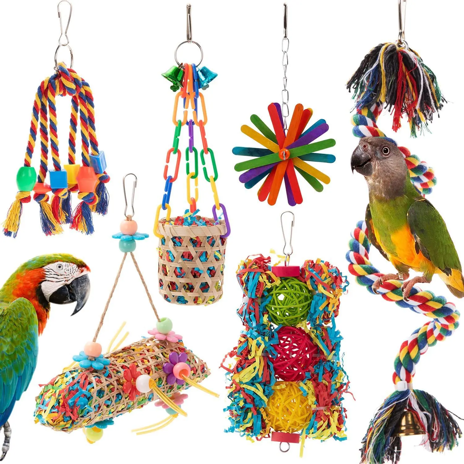 Habio 6 Pcs Parrot Chewing Toy Set for Small & Medium Birds Natural Wood Preening Toys with Bell for Cockatiel Conure Parakeet Lovebird Amazon Parrot Cage Activity Bird Swing Chewing Toy for Cage