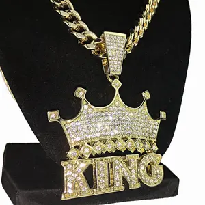 Men's Large Crown KING Gold Plated Heavy Pendant & 10mm 18" 20" 24" 30" Cuban Chain Necklace Jewelry Hip Hop Style with Polished Cubic Zirconia