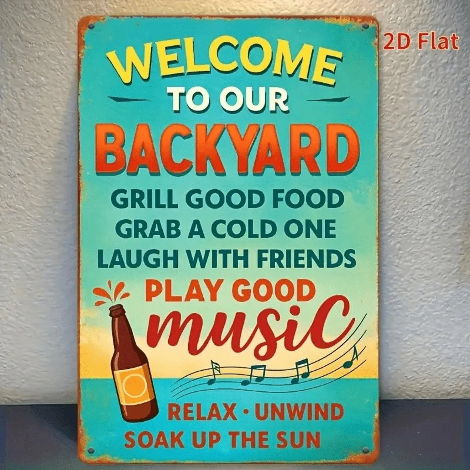 2D Flat 1pc Vintage "Welcome to Our Backyard" Metal Sign - Fun BBQ Beer Party Decor - Heavy-Duty Aluminum Hanging Panel for Indoor And Outdoor Use - Rustic Style for Backyard Patio Garage And Bar Decoration - Pre-Drilled Decorative Signs And Plaques