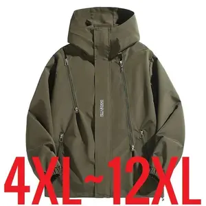 2025 New Style Men's 12XL Plus Size Bomber Jacket Hooded Zipper Waterproof Windproof Windbreaker Casual Long Sleeve Oversized Fat Male Outerwear Green Tops
