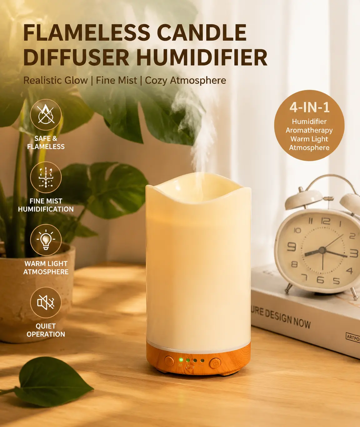 4-in-1 Flameless Candle Humidifier Diffuser, Warm LED Light Aroma Mist Maker, Quiet Cool Mist Essential Oil Diffuser for Bedroom Home Decor, Christmas Gift