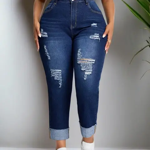 【Plus Size】 Solid Ripped Button Skinny Fitted Stretch Jeans, Jean Stretchy Casual Streetwear Fashion Casual Basic Pocket Design Denim Trousers Pants for Daily Outdoor Wear, Women Clothing for All Seasons, Womenswear, Bottom