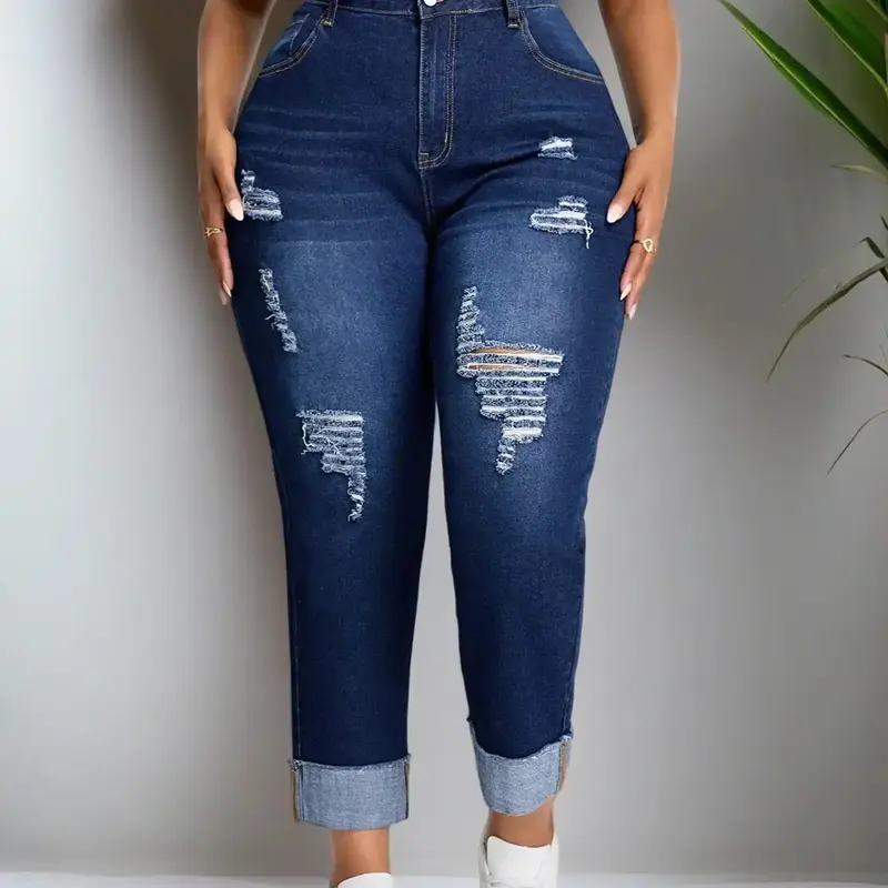 【Plus Size】 Solid Ripped Button Skinny Fitted Stretch Jeans, Jean Stretchy Casual Streetwear Fashion Casual Basic Pocket Design Denim Trousers Pants for Daily Outdoor Wear, Women Clothing for All Seasons, Womenswear, Bottom