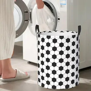 Large Soccer-Themed Storage Basket, & Soccer Ball Pattern, Foldable Round Laundry Hamper, Sturdy Handle, Polyester Basket
