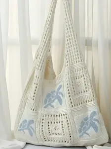 Women's Summer Beach Tote Bag, Crochet Design with Turtle Pattern, Large Capacity, Polyester, Bohemian Style, Travel Accessory, Boho Style