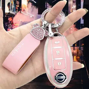 Solid Color Car Key Case With Artificial Diamond Bear Keychain, Key Case Shell For Nissan X Trail 2023 2024 285E3 7LA6A ARIYA Car Key Protector