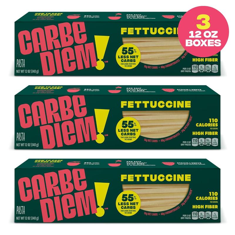 Carbe Diem!, Fettuccine, Lower Net Carb Pasta with Traditional Flavor & Texture, 8 grams of Protein, 55% Fewer Net Carbs & Only 110 Calories Per Serving, Pack of 3