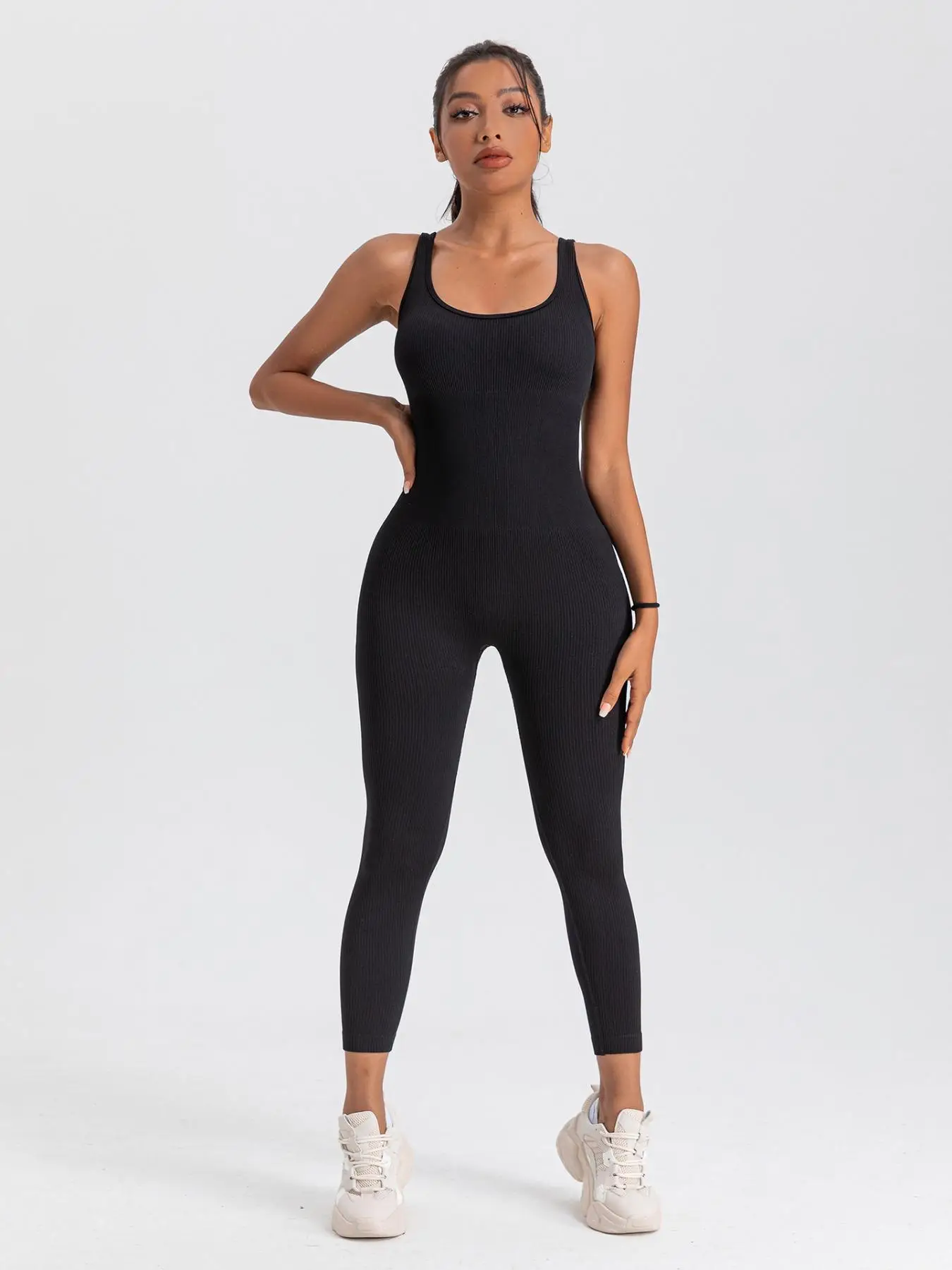 Women's Plain Textured Ribbed Square Neck Sports Jumpsuit, Casual Solid Color Sleeveless One Piece Workout Unitard for Yoga Gym Workout, Ladies Summer