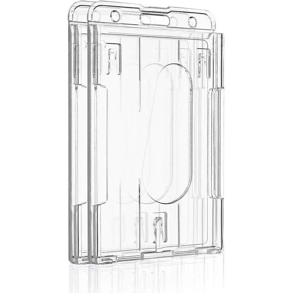 2 Pack Vertical 2-Card Badge Holder with Thumb Slot Hard Transparent PC Case Protector for Office School IDs Credit Cards Driveru2019s Licenses and Passes