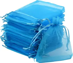 50pcs Organza Bags 3.54''x4.33''(9x11cm) Satin Drawstring Organza Pouch Wedding Party Favor Gift Bag Jewelry Watch Bags-Aqua Blue