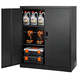 【FathersDayGift】 VEVOR Metal Storage Cabinet, 41.7 in Steel Garage Cabinet with 2 Adjustable Shelves, 2 Magnetic Doors & 2 Keys, 3 Tiers Lockable Tool Storage for Pantry, Warehouse, Basement, Office, Black