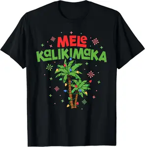 100% Cotton Mele Kalikimaka Hawaiian Christmas Palm Tree Lights Xmas T-Shirt