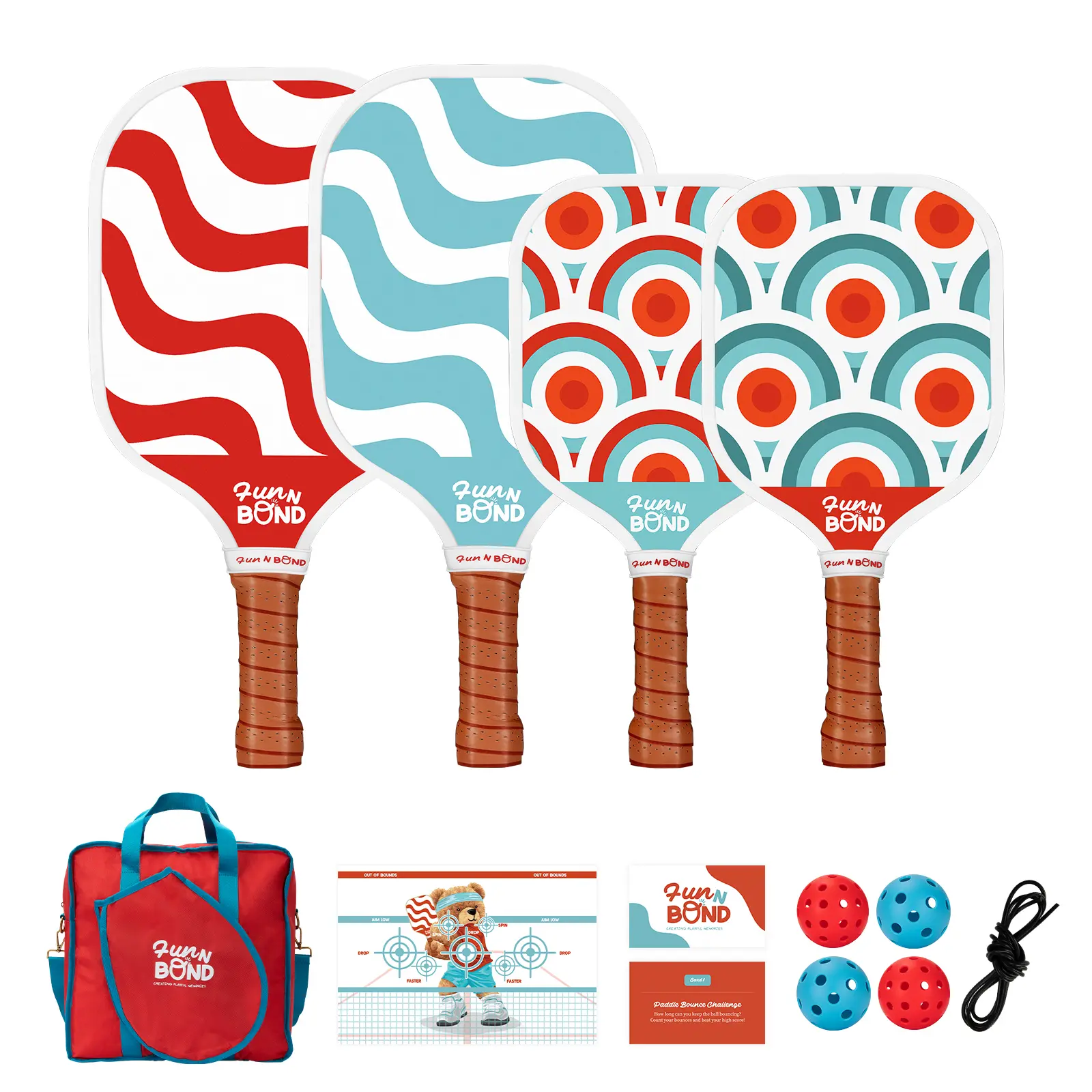 Family Pickleball Set with 2 Full-Size Paddles, 2 Junior Paddles, 4 Balls, Dink Board, Training String, and Carry Bag pickleball equipment pickle ball Family-Size