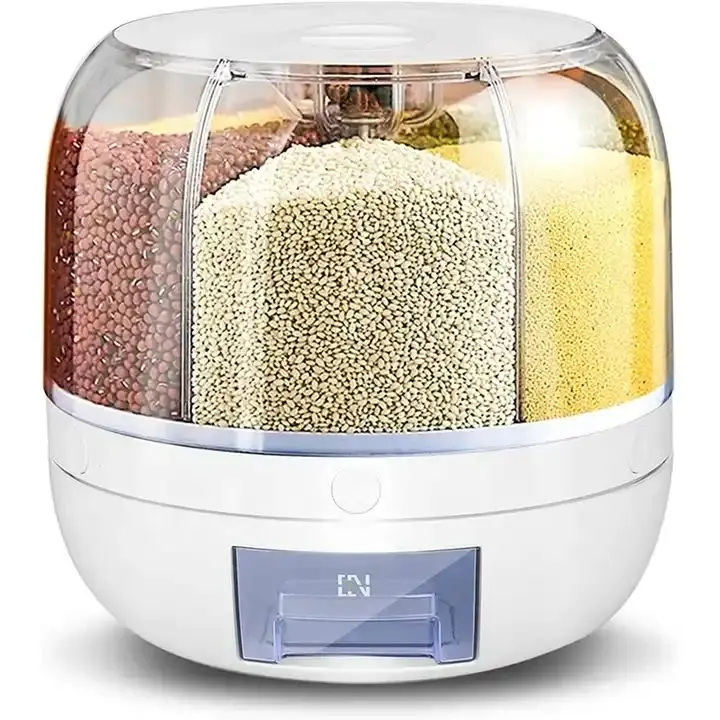 Kitchen Moisture-Proof 6-Grid Rotating Food Grain Dispenser Cereal Storage Box Rice Container Dispenser