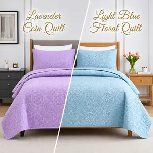 Cooling Summer Quilt Set - Ultra Soft All-Season Bedspread for Hot Sleepers - Lightweight 3-Piece Coverlet Bedding Set with Modern Geometric Coin & Floral Pattern