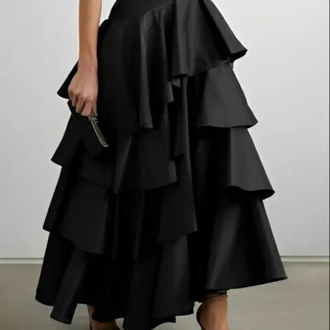 Women's Solid Ruffle Hem Tiered Layer A Line Skirt, Elegant Fashion Casual Long Skirt for Daily Outdoor Wear, Ladies Bottoms for All Seasons, Fashionable, Boho Skirts, Multilayer Cake Skirt