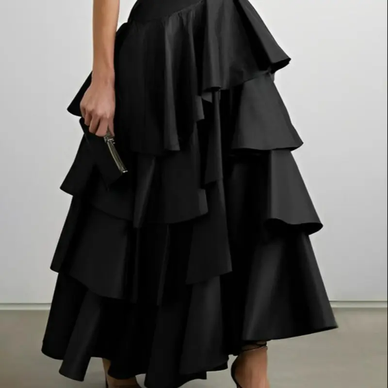 Women's Solid Ruffle Hem Tiered Layer A Line Skirt, Elegant Fashion Casual Long Skirt for Daily Outdoor Wear, Ladies Bottoms for All Seasons, Fashionable, Boho Skirts, Multilayer Cake Skirt