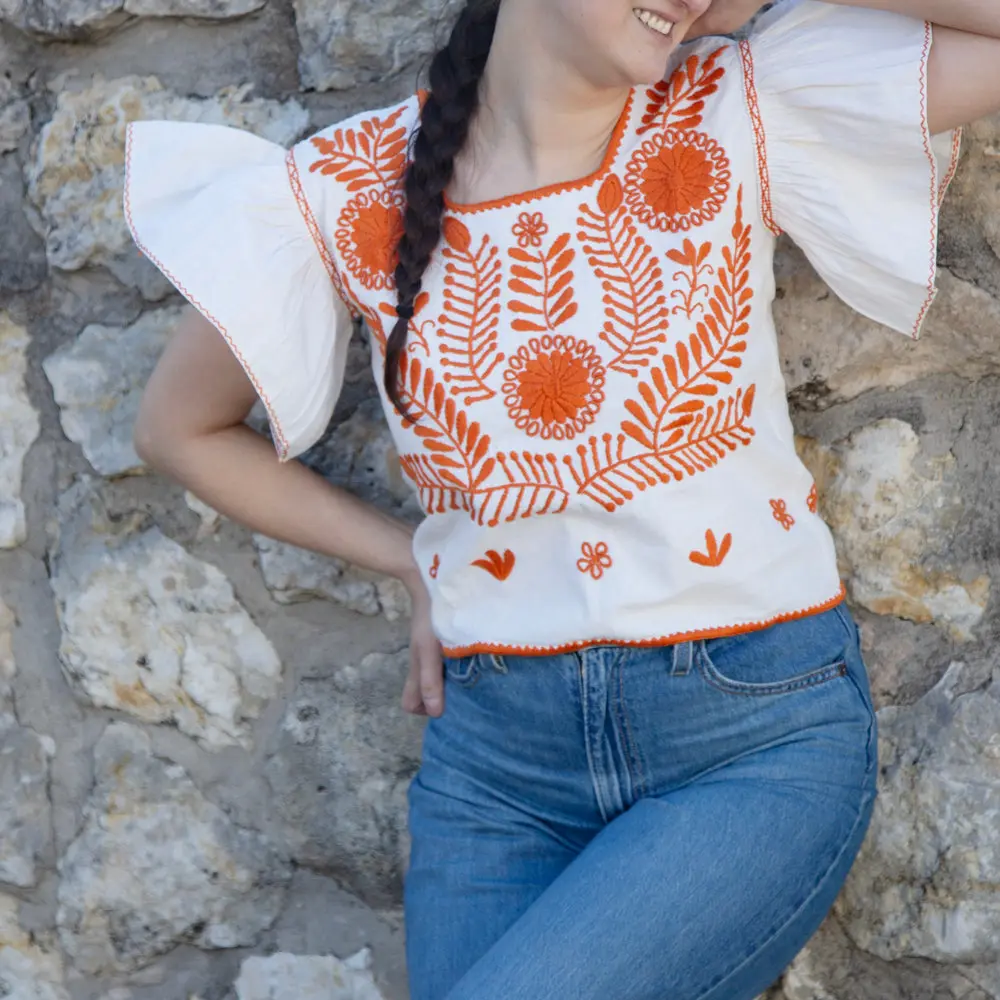 Embroidered Cropped Blouse, Feminine Manta Cotton Shortsleeve Top with Handmade Floral Details and Flutter Sleeves, Fabric, Lightweight