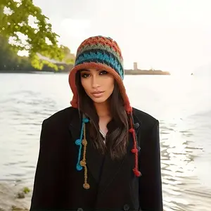 TikTokShopBlackFriday Soft Stretchy Women's Hand-Striped Beanie with Button Detail & Elastic Ear Flaps Warm Knitted Hat with Colorful Pompom Cozy Machine Washable Winter Accessory for Outdoor Cold Weather - Casual